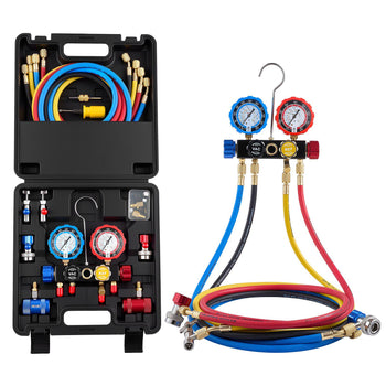 AC Manifold Gauge Set for R134a R404A R1234yf R22 Refrigerant, 4 Way AC Gauge with 5 ft Hoses, Adapters, Quick Couplers, Can Taps for Automotive Air Conditioning Maintenance, Charging Evacuation