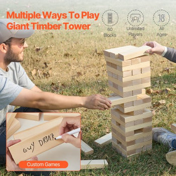 Tumbling Timber Toy, 60 Blocks Giant Tumble Tower Blocks Game, Pine Wood Tumbling Tower Game with Storage Crate and Scoreboard, Wooden Stacking Game, Tumble Tower Family Games for Indoor/Outdoor