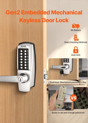 Mechanical Keyless Entry Door Lock, 14 Key Mechanical Door Lock with Keys, Mechanical Keypad Door Lock with Handle, Stainless Steel Waterproof Keyless Gate Lock, for Home Office Outdoor Garage