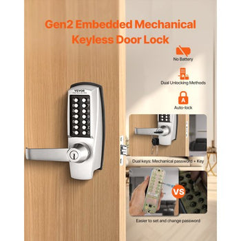 Mechanical Keyless Entry Door Lock, 14 Key Mechanical Door Lock with Keys, Mechanical Keypad Door Lock with Handle, Stainless Steel Waterproof Keyless Gate Lock, for Home Office Outdoor Garage