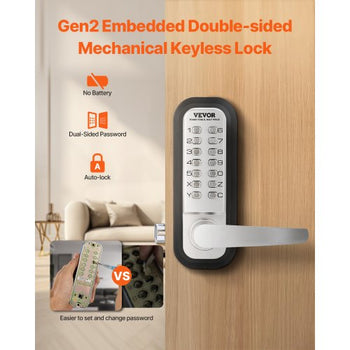 Mechanical Keyless Entry Door Lock, 14 Key Mechanical Door Lock, Mechanical Keypad Door Lock with Handle, Double-Sided Stainless Steel Waterproof Keyless Gate Lock, for Home Office Yard, Sliver
