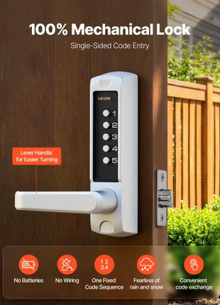 Mechanical Keyless Entry Door Lock, 2.0 Code Upgrade, 5 Digits Code, Single-Sided Push Button Combination Keypad Door Lock with Handle, Auto Locking, for Garden Gates, Indoor or Outdoor, Silver