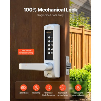 Mechanical Keyless Entry Door Lock, 2.0 Code Upgrade, 5 Digits Code, Single-Sided Push Button Combination Keypad Door Lock with Handle, Auto Locking, for Garden Gates, Indoor or Outdoor, Silver
