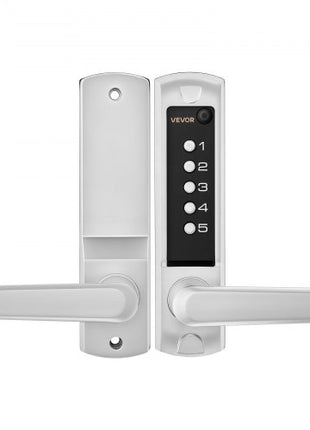 Mechanical Keyless Entry Door Lock, 2.0 Code Upgrade, 5 Digits Code, Single-Sided Push Button Combination Keypad Door Lock with Handle, Auto Locking, for Garden Gates, Indoor or Outdoor, Silver