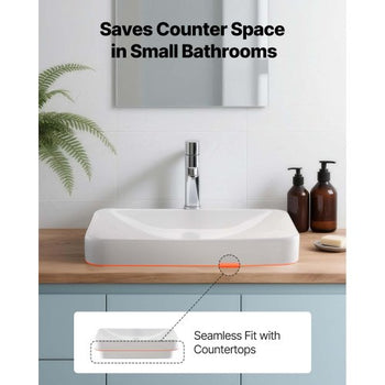 Semi Recessed Bathroom Sink, 19.29 x 12.01 Inch Rectangular White Ceramic Vessel Sink with 1-3/4 Inch Drain Hole, Drop in Modern Lavatory Vanity Bath Wash Bowl Basin, Rectangle for Small Space