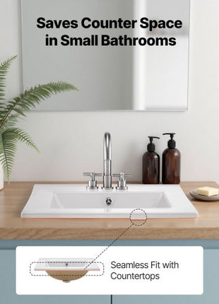 Semi Recessed Bathroom Sink, 20.08 x 18.31 Inch Rectangular White Ceramic Vessel Sink with Overflow and 3 Faucet Holes, Drop in Modern Lavatory Vanity Bath Wash Bowl Basin Rectangle Small Space