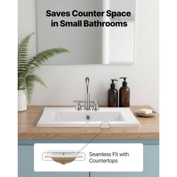 Semi Recessed Bathroom Sink, 20.08 x 18.31 Inch Rectangular White Ceramic Vessel Sink with Overflow and 3 Faucet Holes, Drop in Modern Lavatory Vanity Bath Wash Bowl Basin Rectangle Small Space
