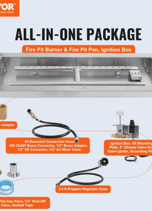 24 x 8 inch Drop-in Fire Pit Pan, Rectangular Stainless Steel Fire Pit Burner Kit, Propane Gas Fire Pan 120,000 BTU with H-Burner for Indoor or Outdoor Use