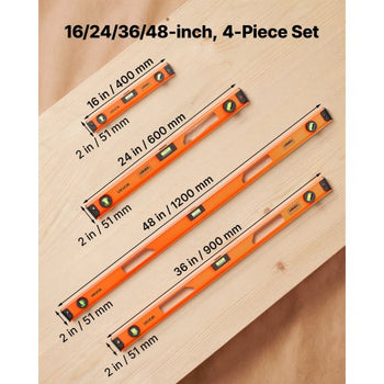 Magnetic Level Set, 4-Piece Included 16/24/36/48 in, Aluminum Alloy I-Beam Bubble Leveler with Clear 3 Green Vials & Hanging Hole, Level Tool Ideal for Hanging Pictures, Home Improvement & DIY
