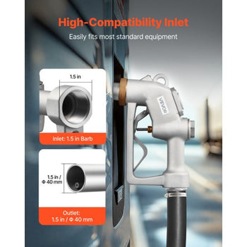1.5 Inch Barb Automatic Fuel Nozzle with Swivel, Max Flow Rate 37 GPM, Auto Shut Off Diesel Gas Pump Nozzle with 3-Speed Trigger Lock & 1.5 Inch (OD=40 mm) Spout for Gasoline, Diesel, Kerosene