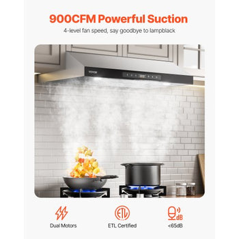 Under Cabinet Range Hood, 30 Inch Kitchen Vent Hood, 900CFM Dual Motors Stainless Steel Stove Hood, with Gesture & Touch Control, LED Light, and 4-Speed Exhaust Fan