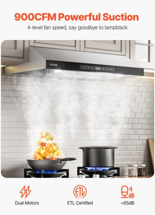 Under Cabinet Range Hood, 36 Inch Kitchen Vent Hood, 900CFM Dual Motors Stainless Steel Stove Hood, with Gesture & Touch Control, LED Light, and 4-Speed Exhaust Fan