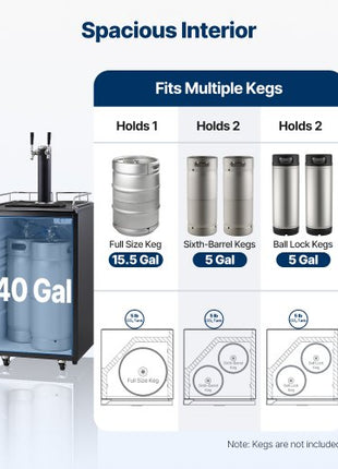 Beer Kegerator, Dual Tap Draft Beer Dispenser, Full Size Keg Refrigerator with CO2 Cylinder, Shelves, Drip Tray & Rail, 32°F- 50°F Temperature Control, Hold 1/6, 1/4, 1/2 Barrels, Black