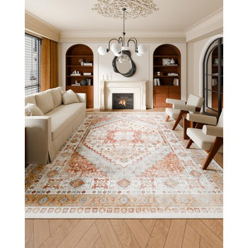 Area Rug, 9 x 12 ft Large Washable Rug, Non-Slip and Tear-Resistant Soft Carpet, Pet & Child Friendly Vintage Area Rugs, Indoor Mat for Bedroom, Living Room, Kids Room, Office, Brown Red
