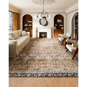 Area Rug, 9 x 12 ft Large Washable Rug, Non-Slip and Tear-Resistant Soft Carpet, Pet & Child Friendly Vintage Area Rugs, Indoor Mat for Bedroom, Living Room, Kids Room, Office, Brown Green