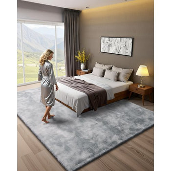 Indoor Plush Area Rugs, 9 x 12 ft Soft Plush Carpet, Furry Shag Area Rugs for Living Room, Bedroom, Modern Home Decor Aesthetic Long-Pile Rug, Non-Shedding, Slip-Resistant, Tie-Dye Light Gray