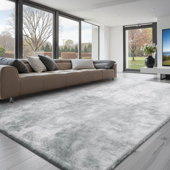 Indoor Plush Area Rugs, 9 x 12 ft Soft Plush Carpet, Furry Shag Area Rugs for Living Room, Bedroom, Modern Home Decor Aesthetic Long-Pile Rug, Non-Shedding, Slip-Resistant, Tie-Dye Light Gray