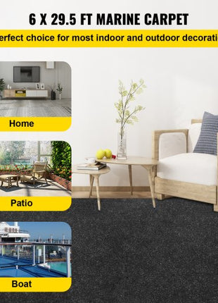 Boat Carpet, 6 ft x 29.5 ft Marine Carpet for Boats, Waterproof Black Indoor Outdoor Carpet with Marine Backing Anti-Slide Marine Grade Boat Carpet Cuttable Easy to Clean Patio Rugs Deck Rug