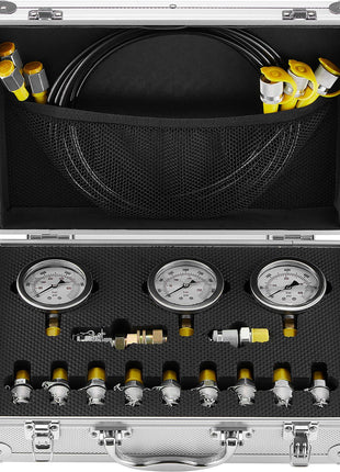 Hydraulic Pressure Test Kit, 250/400/600bar, 3 Gauges 11 Test Couplings 3 Test Hoses, Excavator Hydraulic Test Gauge Set with Portable Carrying Case for Excavator Tractors Construction Machinery