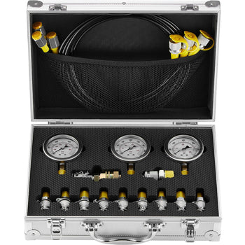 Hydraulic Pressure Test Kit, 250/400/600bar, 3 Gauges 11 Test Couplings 3 Test Hoses, Excavator Hydraulic Test Gauge Set with Portable Carrying Case for Excavator Tractors Construction Machinery