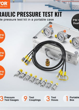 Hydraulic Pressure Test Kit, 250/400/600bar, 3 Gauges 9 Test Couplings 3 Test Hoses, Excavator Hydraulic Test Gauge Set with Portable Carrying Case for Excavator Tractors Construction Machinery