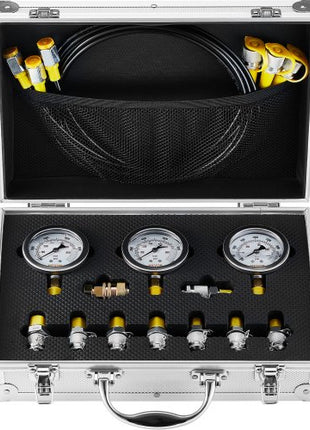 Hydraulic Pressure Test Kit, 250/400/600bar, 3 Gauges 9 Test Couplings 3 Test Hoses, Excavator Hydraulic Test Gauge Set with Portable Carrying Case for Excavator Tractors Construction Machinery