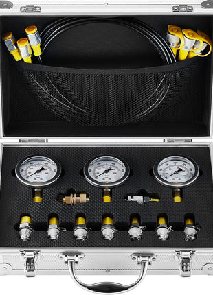 Hydraulic Pressure Test Kit, 250/400/600bar, 3 Gauges 9 Test Couplings 3 Test Hoses, Excavator Hydraulic Test Gauge Set with Portable Carrying Case for Excavator Tractors Construction Machinery