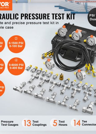 Hydraulic Pressure Test Kit, 10/100/250/400/600bar, 5 Gauges 13 Couplings 14 Tee Connectors 5 Test Hoses, Excavator Hydraulic Test Gauge Set with Carrying Case for Excavator Tractors Machinery