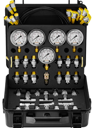 Hydraulic Pressure Test Kit, 10/100/250/400/600bar, 5 Gauges 13 Couplings 14 Tee Connectors 5 Test Hoses, Excavator Hydraulic Test Gauge Set with Carrying Case for Excavator Tractors Machinery