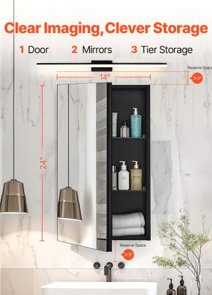 Medicine Cabinet, 14 x 24 inches, Medicine Cabinet for Bathroom with Mirror,  Aluminum Frame Bathroom Wall Cabinet, 2-layer Adjustable Shelves, Recessed & Wall-mounted Installation