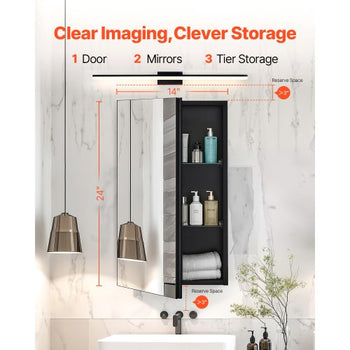 Medicine Cabinet, 14 x 24 inches, Medicine Cabinet for Bathroom with Mirror,  Aluminum Frame Bathroom Wall Cabinet, 2-layer Adjustable Shelves, Recessed & Wall-mounted Installation
