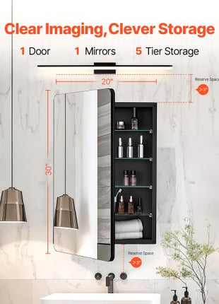 Medicine Cabinet, 20 x 30 inch, Medicine Cabinet for Bathroom with Mirror,  Aluminum Frame Bathroom Wall Cabinet, 4-layer Adjustable Shelves, Recessed & Wall-mounted Installation