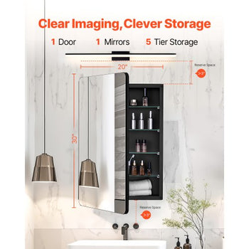 Medicine Cabinet, 20 x 30 inch, Medicine Cabinet for Bathroom with Mirror,  Aluminum Frame Bathroom Wall Cabinet, 4-layer Adjustable Shelves, Recessed & Wall-mounted Installation