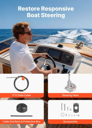 Boat Steering System, 17 ft Boat Control Cable Outboard Rotary Steering System Kit with Aluminum Alloy Helm, Durable Marine Replacement for Fishing Boats, Small Sailboats, Speedboats, Lifeboats
