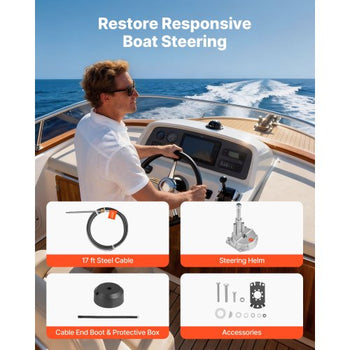 Boat Steering System, 17 ft Boat Control Cable Outboard Rotary Steering System Kit with Aluminum Alloy Helm, Durable Marine Replacement for Fishing Boats, Small Sailboats, Speedboats, Lifeboats