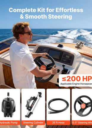 Outboard Hydraulic Steering Kit, 200 HP, Marine Boat Hydraulic Steering System with 6.9 MPa Two-Way Lock Helm Pump, Cylinder, 2 PCS 26 ft Hoses, 13.5" Wheel for Single Station, Single-Engine Use