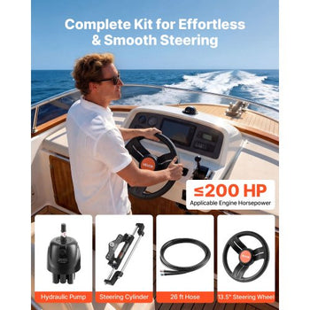 Outboard Hydraulic Steering Kit, 200 HP, Marine Boat Hydraulic Steering System with 6.9 MPa Two-Way Lock Helm Pump, Cylinder, 2 PCS 26 ft Hoses, 13.5" Wheel for Single Station, Single-Engine Use