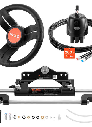 Outboard Hydraulic Steering Kit, 200 HP, Marine Boat Hydraulic Steering System with 6.9 MPa Two-Way Lock Helm Pump, Cylinder, 2 PCS 26 ft Hoses, 13.5" Wheel for Single Station, Single-Engine Use