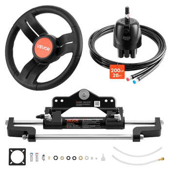 Outboard Hydraulic Steering Kit, 200 HP, Marine Boat Hydraulic Steering System with 6.9 MPa Two-Way Lock Helm Pump, Cylinder, 2 PCS 26 ft Hoses, 13.5" Wheel for Single Station, Single-Engine Use
