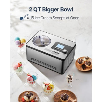 Automatic Ice Cream Maker with Built-in Compressor, 2 Quart No Pre-freezing Fruit Yogurt Machine, Stainless Steel Electric Sorbet Maker, 3 Modes Gelato Maker with LCD Display & Timer, Silver