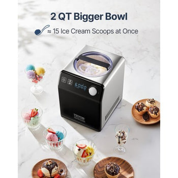 Upright Automatic Ice Cream Maker with Built-in Compressor, 2 Quart No Pre-freezing Fruit Yogurt Machine, Stainless Steel Electric Sorbet Maker, 4 Modes Gelato Maker with Digital Display & Timer