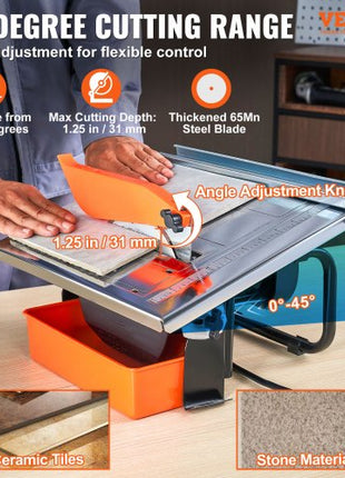 Wet Tile Saw, 7-inch 65Mn Steel Blade, 3500 RPM Induction Motor, Tile Cutter Wet Saw with Water Reservoir, 0-45 Degrees Miter Angle for Cutting Tiles and Stones, for DIY Enthusiasts