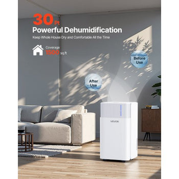 30 Pints Dehumidifier for Home & Basement, Drain Hose for Commercial & Industrial Use, Smart Humidity Control, Low Noise for Large Rooms, Warehouses, Bedrooms & Storage, Large Coverage,White