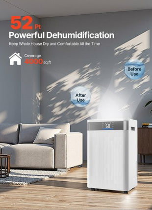 52 Pints Dehumidifier for Home & Basement, Drain Hose for Commercial & Industrial Use, Smart Humidity Control, Low Noise for Large Rooms, Warehouses, Bedrooms & Storage, Large Coverage,White