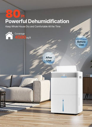 80 Pints Dehumidifier for Home & Basement, Drain Hose for Commercial & Industrial Use, Smart Humidity Control, Low Noise for Large Rooms, Warehouses, Bedrooms & Storage, Large Coverage,White