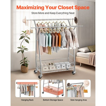 Clothes Rack, Rolling Clothing Garment Rack with 2 Hanging Rods and Storage Basket, 330 lbs Load Capacity, Extendable Carbon Steel Clothing Racks with Wheels for Bedroom, Laundry, Living Room