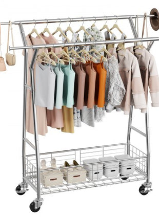 Clothes Rack, Rolling Clothing Garment Rack with 2 Hanging Rods and Storage Basket, 330 lbs Load Capacity, Extendable Carbon Steel Clothing Racks with Wheels for Bedroom, Laundry, Living Room