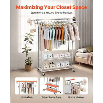 Clothes Rack, Rolling Clothing Garment Rack with 2 Hanging Rods and 2 Storage Shelves, 264 lbs Load Capacity, Adjustable Height Carbon Steel Clothing Racks for Bedroom, Laundry, Living Room
