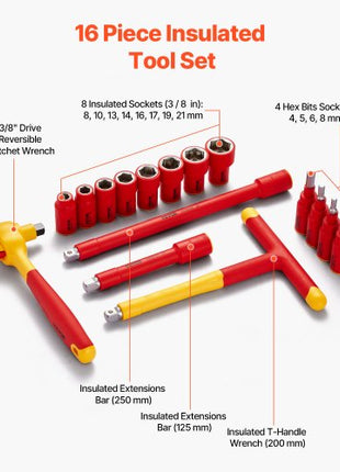 Insulated Socket Set, 16-Piece Insulated Wrench Tool Set, 1000V Insulated Socket Tool, with Insulated Sockets, Insulated T-Handle Wrench, Drive Rachet, Extensions, for Electricians Home Repair