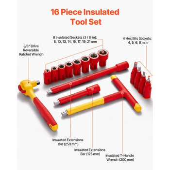 Insulated Socket Set, 16-Piece Insulated Wrench Tool Set, 1000V Insulated Socket Tool, with Insulated Sockets, Insulated T-Handle Wrench, Drive Rachet, Extensions, for Electricians Home Repair